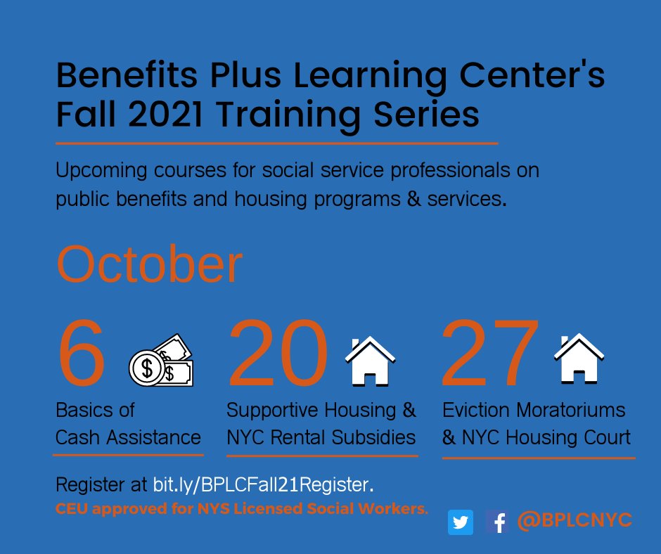 BPLCNYC's tweet photo. .@BPLCNYC's Fall 2021 Training Series is underway https://t.co/OPZX7czFPE.
Webinars are #CEU approved for #LMSW and #LCSW in #NYS.
Register: https://t.co/Pt96tm7d0J
#publicbenefits #housing #affordablehousing #socialworkWORKS #socialwork https://t.co/2KkKEz5Wq7