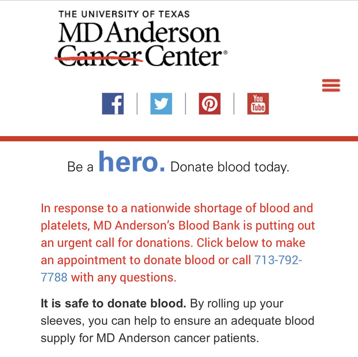 Mark Clemens MD MBA FACS (@clemensmd) on Twitter photo <a href="/MDAndersonNews/">MD Anderson Cancer Center</a> is the top blood transfuser supplying 1% of all blood needs nationally. 200,000 units a year! Shortages are limiting the care of our oncology and surgery patients. Please donate, 15 mins saves a life #oncsurgery #endcancer #blooddyad mdandersonbloodbank.org/index.cfm <a href="/MDAndersonNews/">MD Anderson Cancer Center</a> is the top blood transfuser supplying 1% of all blood needs nationally. 200,000 units a year! Shortages are limiting the care of our oncology and surgery patients. Please donate, 15 mins saves a life #oncsurgery #endcancer #blooddyad mdandersonbloodbank.org/index.cfm
