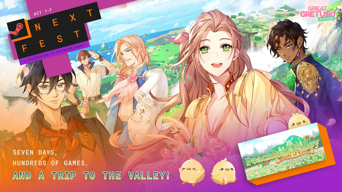 The #SteamNextFest has officially started and #PeachleafValley's joined in on the fun!✨💖

✅Learn more about our farming-inspired otome game, currently in development! 🐮 
✅Play the demo!🐔
✅Add to your wishlist!🌟
✅Share with friends and family! 🐣

See you in the valley!🍀