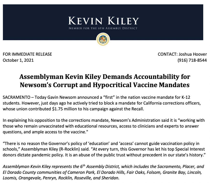 KevinKileyCA's tweet photo. My statement in response to Gavin Newsom's vaccine hypocrisy. With this Governor all that matters is money and headlines. https://t.co/lq5IbEURh6