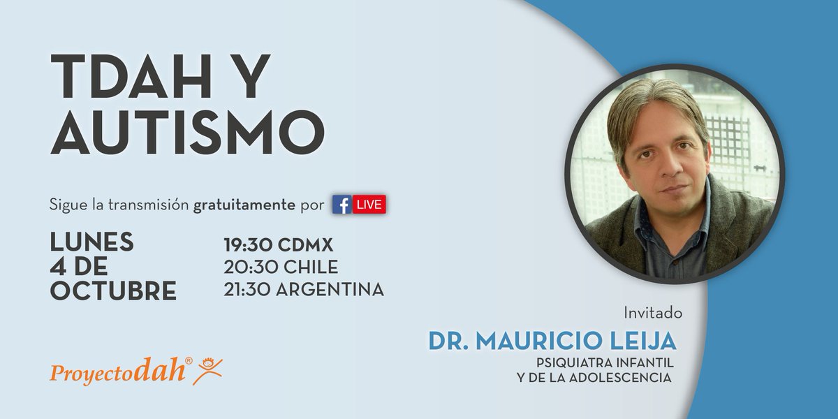 #TDAH y #Autismo ocasionan dificultades para relacionarse a quien lo padece, ¿cómo diferenciarlos? El lunes por #FacebookLive nos acompañará el psiquiatra Mauricio Leija, quien nos hablará sobre las diferencias y las semejanzas de estos dos padecimientos. ¡Ahí nos vemos!