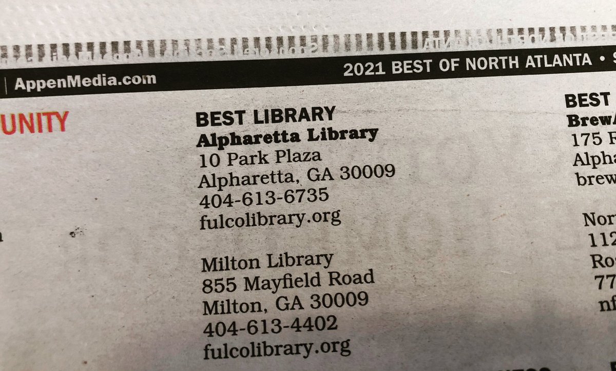Bookman30022's tweet image. We’ll share this Best of North Fulton recognition with our neighbors-   #MiltonLibrary @cityofmiltonga @fulcolibrary