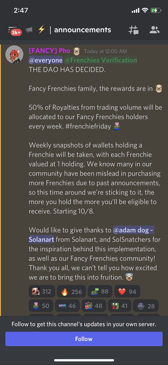 RealAceSpadez's tweet photo. Congrats Frenchies‼️ They asked and WE CHOSE. 50% Of weekly royalties are being distributed to DELISTED Frenchie owners WEEKLY. To sum it up, each Frenchie acts as a Share the more Frenchies you have the more you earn‼️ Higher the sales volume , Higher the return @fancyfrenchnft https://t.co/nCemhhMJJU