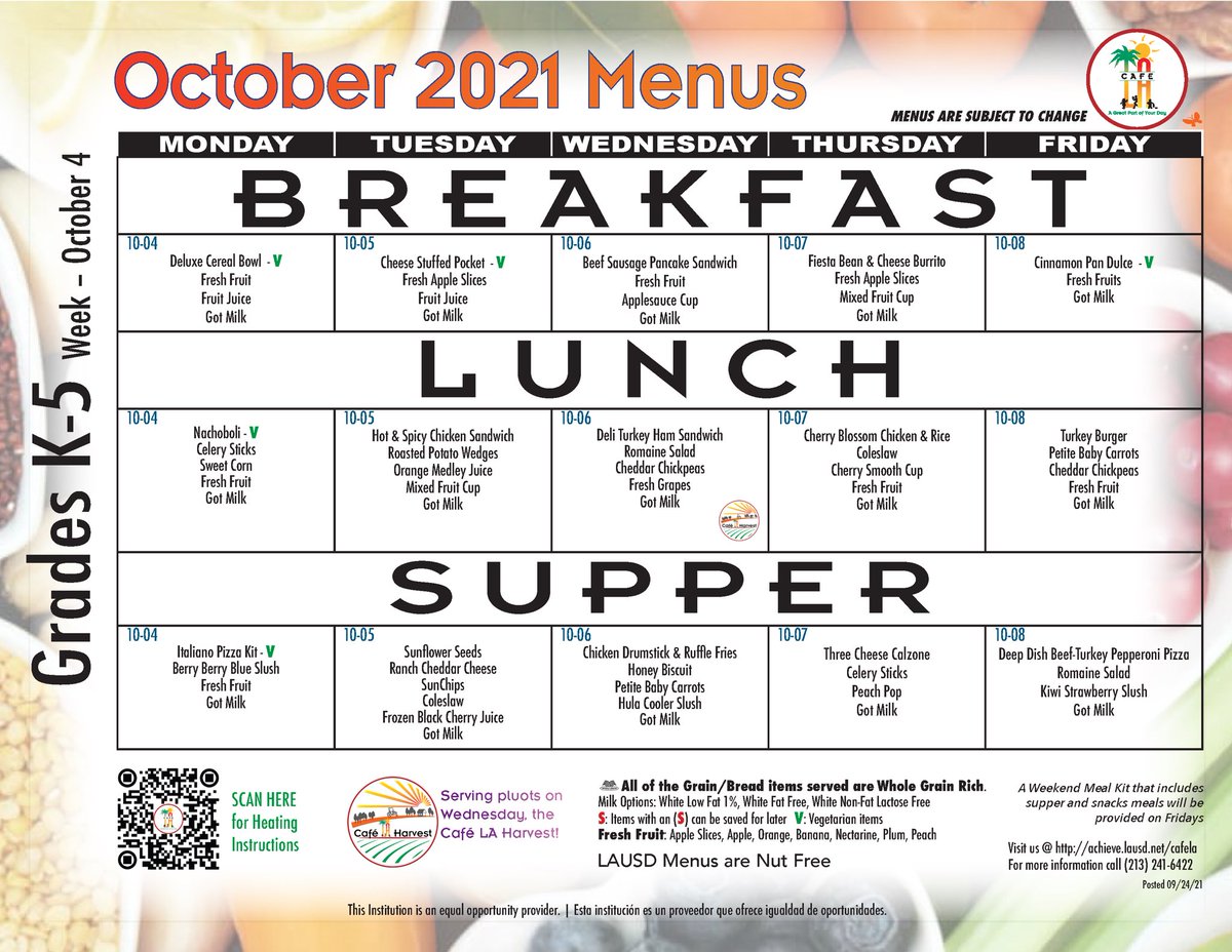 CafeLA_lausd's tweet photo. Welcome to your October Menus! October is Farm to School Month, enjoy the Grapes 😋 ¡Bienvenido a tus menús de octubre!  Octubre es el mes de la Granja a la Escuela, disfruta las Uvas 😋 #studentapproved4LAkids https://t.co/TvDmMpPjjQ