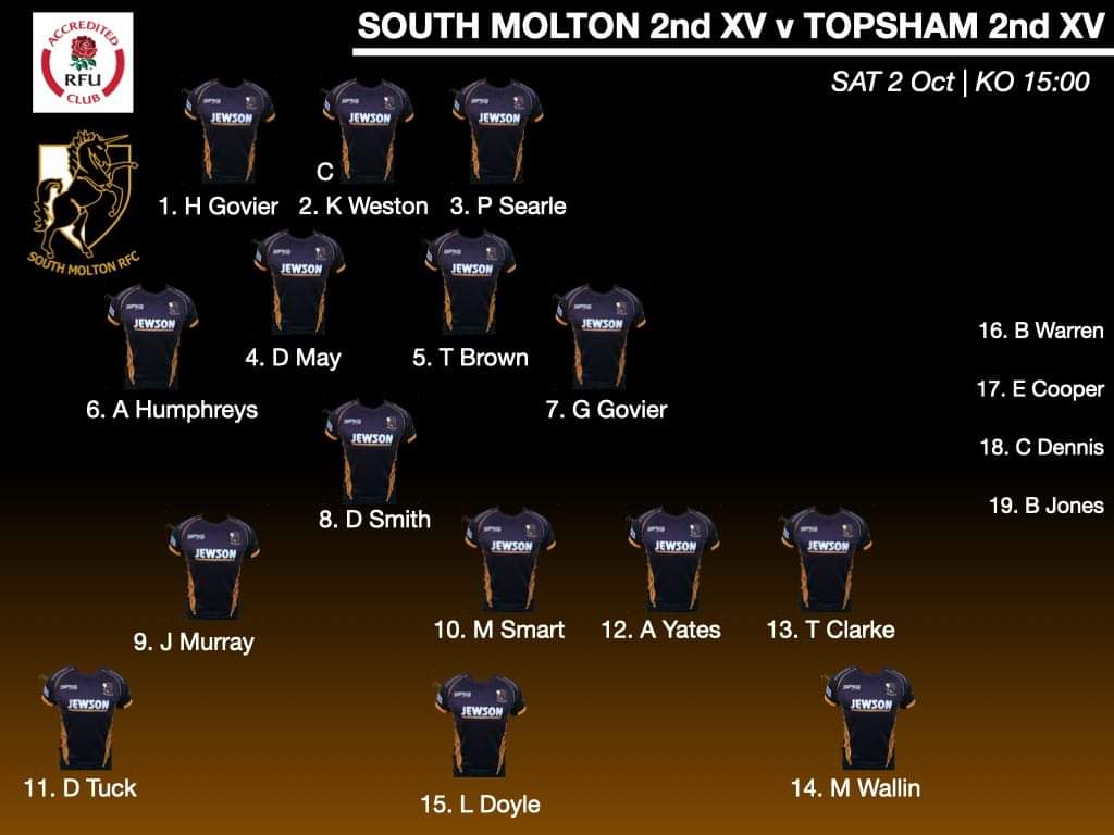 The coaching staff and Captains have selected their squads. 
South Molton to play Old Techs, Saturday 2nd October at Weston Mill Oak Villa Social Club.
South Molton 2nd XV to play Topsham 2nd XV, Saturday 2nd October at Unicorn Park 
Free entry 
Non members welcomed
Free car park