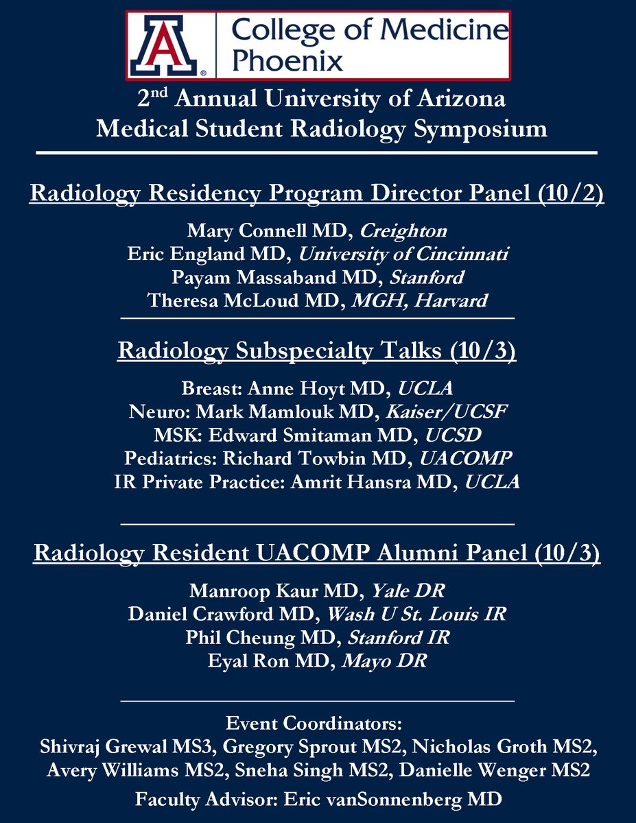 Shiv Grewal (@shiv_grewal1) on Twitter photo The 2nd Annual <a href="/uazmedphx/">UAZ Medicine - Phoenix</a> Medical Student Radiology Symposium starts tomorrow! Over 300 registered from 89 institutions across the US and worldwide (South America, Asia, Europe)! Registration open to all and is FREE: bit.ly/2XVMhSH
#MedTwitter #MedStudents #premed The 2nd Annual <a href="/uazmedphx/">UAZ Medicine - Phoenix</a> Medical Student Radiology Symposium starts tomorrow! Over 300 registered from 89 institutions across the US and worldwide (South America, Asia, Europe)! Registration open to all and is FREE: bit.ly/2XVMhSH
#MedTwitter #MedStudents #premed
