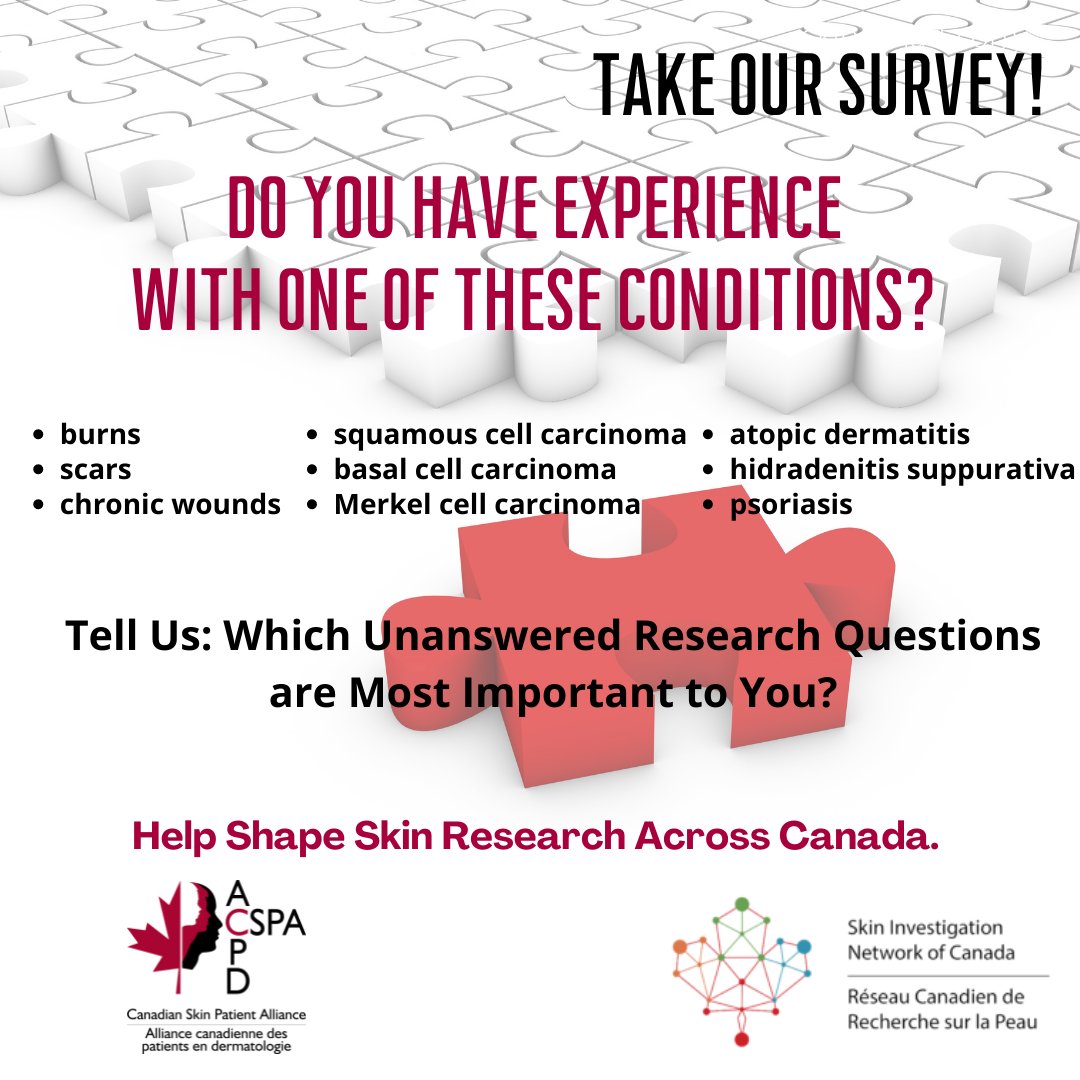 CanadianSkin's tweet image. DEADLINE: This Sunday!  Skin Patients | Caregivers | Healthcare Providers: Take a quick 5-10 minute SURVEY. Share your unique perspective and help SkIN Canada improve lives!

ow.ly/jm1D50GktMZ