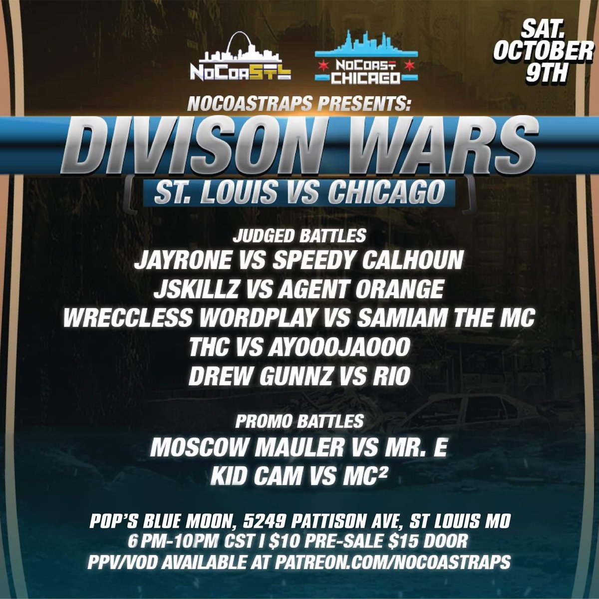 Next Saturday in St. Louis we have our Chicago vs STL teams battling for the first ever #DivisionWars championship! 

Come through to <a href="/PopsBlueMoon/">Joshua Loyal</a> for #rapbattles starting at 7pm sharp!