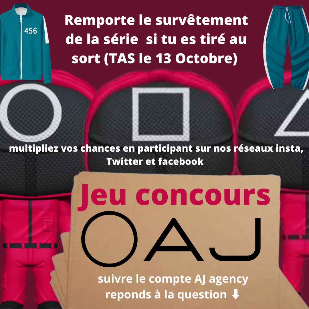 contactAJagency's tweet image. Tu veux jouer a un jeu ?
➡️Suivre le compte @contactAJagency 
➡️ Répondre à la question en commentaire. (Question dans le thread)
Multipliez vos chances en participant sur nos réseaux Instagram, Twitter et facebook  
#Concours #SquidGames #SquidGame #Giveaways