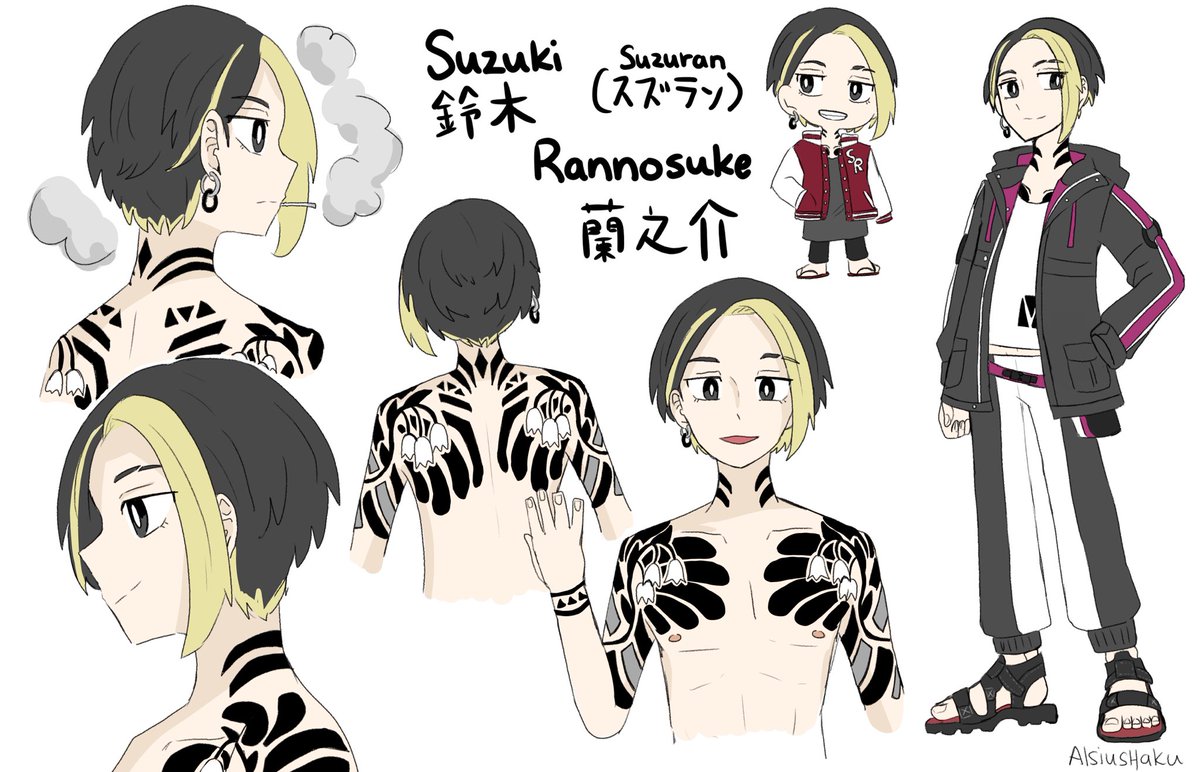 updated Suzuran's ref so his wrist tattoo can be seen…also other details editted…

少し修正されたスズラン 