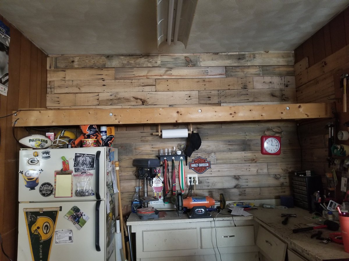 KoyneSteph's tweet photo. So.....decided to do the garage in free pallet wood.....LOVE the look. Still need about 500 pallets to finish.@Xpecto_GO @profLynette we will get there https://t.co/dGj2ztjA6d