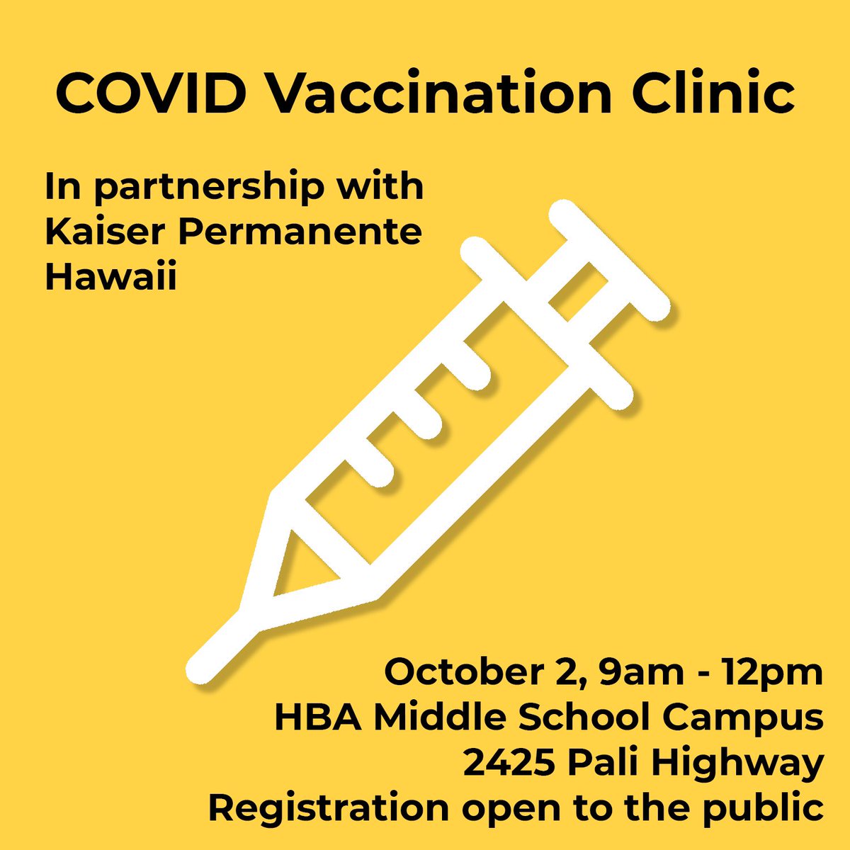 Kaiser Permanente and HBA will be hosting a COVID Vaccination and Booster shot pop-up clinic tomorrow (Saturday 10/2) from 9 a.m. - 12 p.m. on our Middle School Campus, please click on the link below to register!
hba.net/about/covid-re…