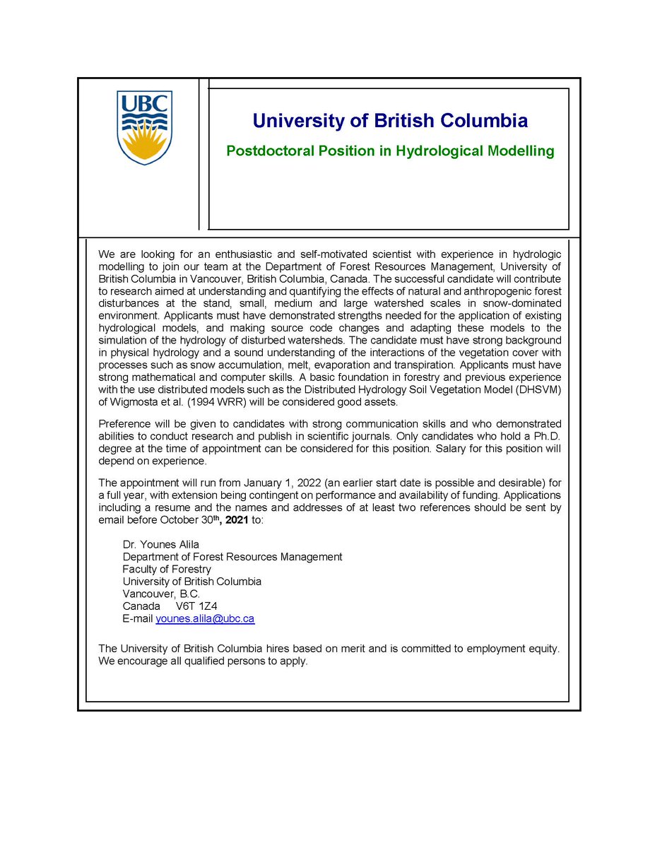 Ali Ameli (@a_ameli2) on Twitter photo Available Postdoctoral Positions in Hydrologic Modeling at UBC's Forestry. For more information contact: Dr. Younes Alila at younes.alila@ubc.ca Available Postdoctoral Positions in Hydrologic Modeling at UBC's Forestry. For more information contact: Dr. Younes Alila at younes.alila@ubc.ca
