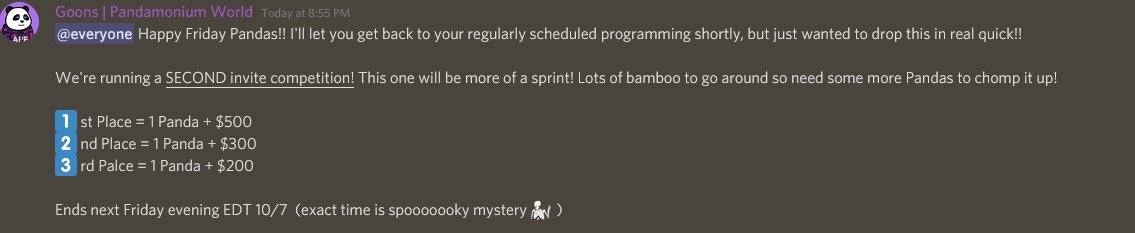 PandamoniumWLD's tweet photo. 🚨 Running a Discord Invite Competition 🎉
Ends next Friday 10/7 evening EDT
$1k in prizes and some Pandas up for grabs! 🤑🐼
https://t.co/JOF6phmTk6 - Also, we are minting! Come grab a Panda or 2 😉
#TheRealPandas #RealPandasGiveBack #NFTGiveaways #NFTs https://t.co/khbLVhTj2v