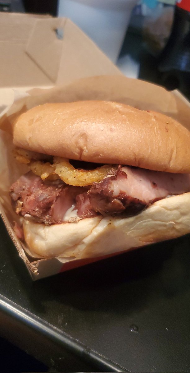 angeladean30's tweet photo. The Arby's new pork ribs sandwich is really tasty 😋 
#mcarbys #goodfastfood @Arbys bring back the potatoe cakes!! https://t.co/VWFNrlwEZl