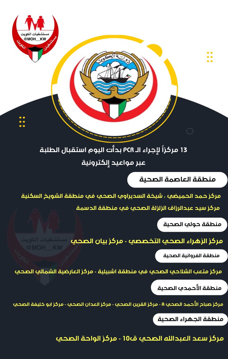 MOH__KW's tweet photo. 13 مركزاً لإجراء الـ PCR بدأت اليوم استقبال الطلبة عبر مواعيد إلكترونية

• لا إجراء لفحوصات الـ PCR إلا عبر موعد إلكتروني

 #وزاره_الصحه https://t.co/T7nwL4izmt