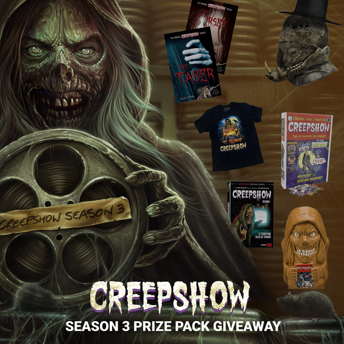 GIVEAWAY 💀 Enter for your chance to win a <a href="/CreepshowTv/">CreepshowTVSeries</a> prize pack! Here’s how to enter:

💀Retweet this tweet
💀Follow <a href="/Shudder/">Shudder</a>

*Winner will be selected on November 1. Open to US residents only.* 
Official rules: bit.ly/39RZVsM