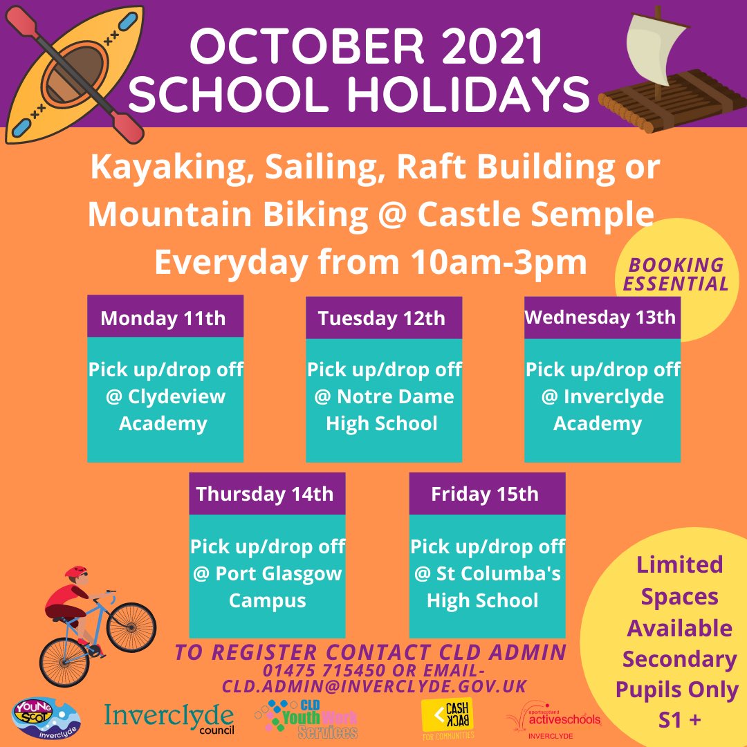 We are running 🆓 Kayaking sessions at <a href="/Clydemuirshiel/">Clyde Muirshiel Regional Park</a> during October Holidays🛶🎃
  
Check out the pictures below to see what date/areas📆 You have to be S1+ 😁 But spaces are VERY limited &amp; it’s first come, first serve ✍🏻 check out the poster below for details ⬇️