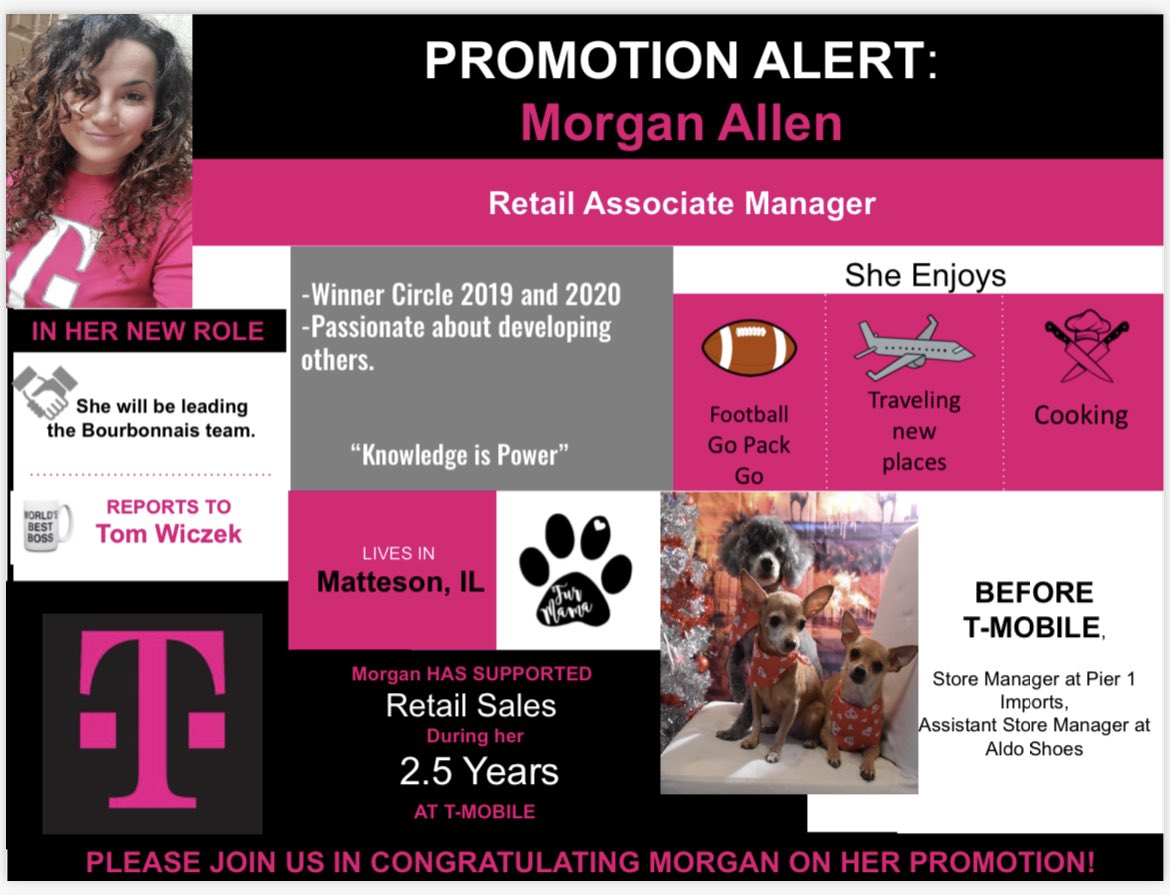 Help me congratulate Morgan on her well deserved promotion to RAM at our Bourbonnais store. I had the pleasure of working with Morgan when I was supporting Matteson and she is going to bring that fire to Bourbonnais. Looking forward to your success! <a href="/Magenta_Morgan/">Magenta_Morgan</a> <a href="/TimMiller44/">Tim Miller</a>