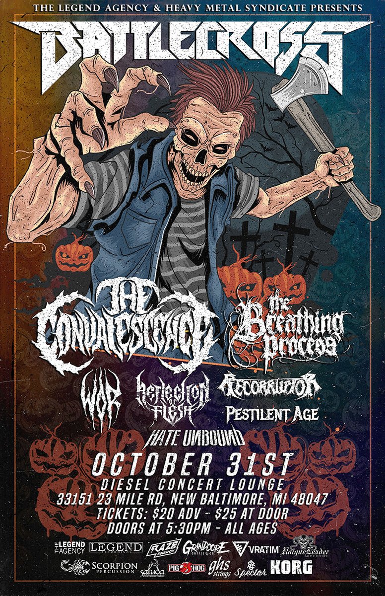 TCONband's tweet photo. Halloween Night!!! Battlecross, The Convalescence, The Breathing Process, and more at Diesel Concert Lounge in Chesterfield, MI!!!
Get Tickets at https://t.co/s4ebaRU5Mo
#TheConvalescence #Battlecross #TheBreathingProcess #Halloween #DeathMetal #Deathcore #Thrash https://t.co/8oJAWZA7fF