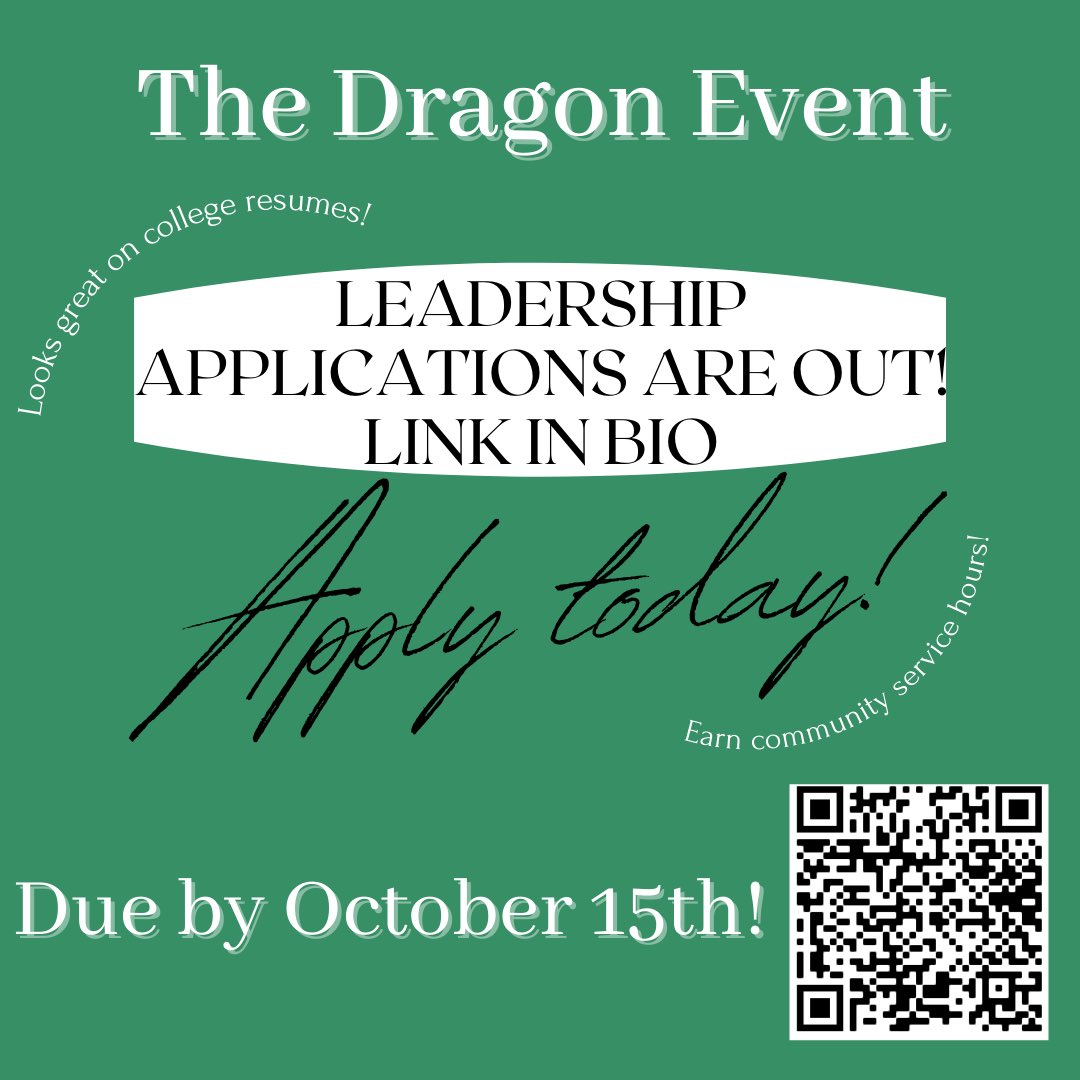 TheDragonEvent's tweet photo. Applications are now open for The Dragon Event! Scan the QR code or follow the link in our bio to apply and help us plan The Dragon Event, which is a great opportunity for service hours and leadership experience! Apply now through October 15th! https://t.co/EzRiA6ray2