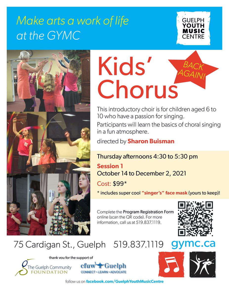 Kids’ Chorus is finally back again! The price includes a  new hand-sewn "singer’s" mask that you keep. Register here... cognitoforms.com/GYMC1/KidsChor…