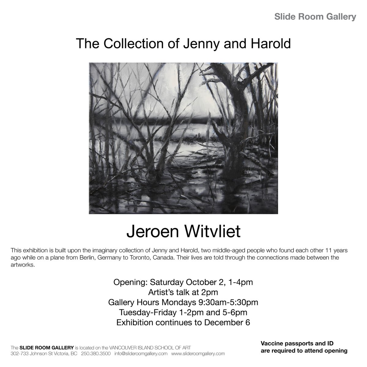 Slide_Room's tweet photo. Artist talk tomorrow Saturday October 2 at 2pm at the opening of Jeroen Witvliet's exhibition.
Wear your mask and bring your vaccine passport. Opens 1-4

#downtownvictoria 
#victoriabc #yyjarts #yyj #artgallery #artcollector #contemporaryart #yyjartgallery #slideroomgallery https://t.co/o3kvUKmB7G