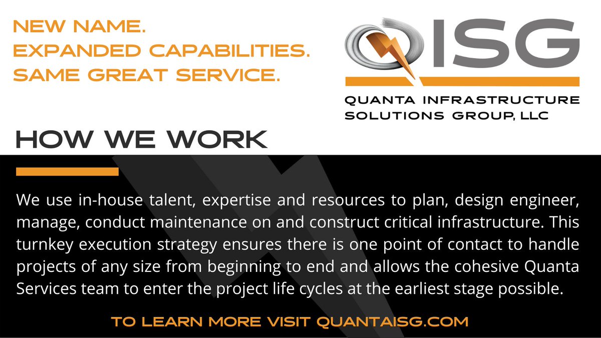 It is with great pride and excitement we announce a strategic branding and marketing change for our organization effective today, Oct 1, 2021. Quanta Electric Power Construction, LLC (QEPC) is now Quanta Infrastructure Solutions Group, LLC (QISG).
 Visit quantaisg.com