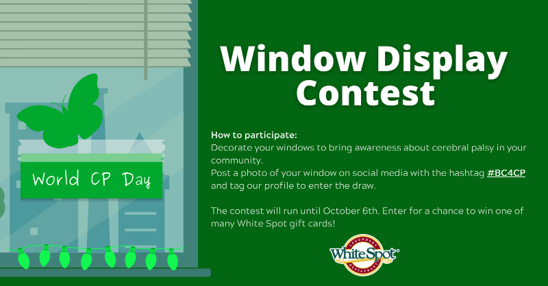 CerebralPalsyBC's tweet photo. There are only 3 days left to join our Window Display Contest!
Help us raise awareness about CP and enter a draw to win one of many White Spot gift cards!
#BC4CP #WorldCPDay #WCPD https://t.co/Cwb1V9npLI