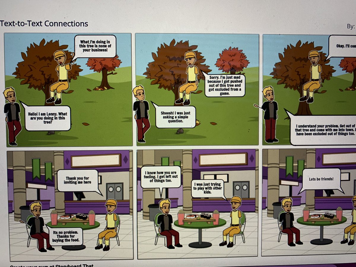 IrenaHall_GSCES's tweet photo. 5th graders made text-to-text connections with two different characters from stories about fitting in from @GreatBooksFnd. We used our dialogue to create fun comics on @StoryboardThat! https://t.co/iipotvJNrR
