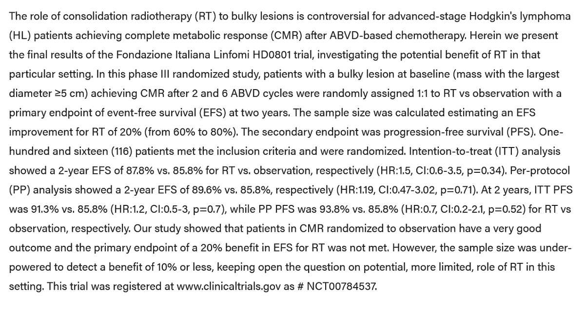 smbenlazar's tweet photo. Limited role of radiotherapy to bulky sites of advanced Hodgkin lymphoma treated with ABVD: final results of FIL HD0801 trial | Blood Advances | American Society of Hematology https://t.co/MMc5jwtCZb #ymsm #lymphoma https://t.co/X9Q08rg50Y