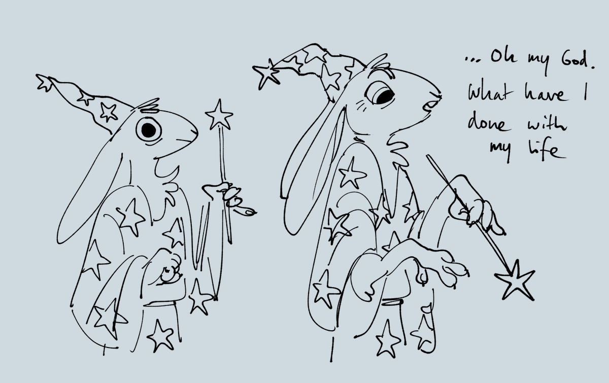 working on backstory designs for my witchlight pc!!
melvin is a rabbitfolk who was taken by the carnival as a little boy, learned wizardry from the magicians there, and performed a big glitzy magic show for years before realising the whole trajectory of his life was some bullshit 