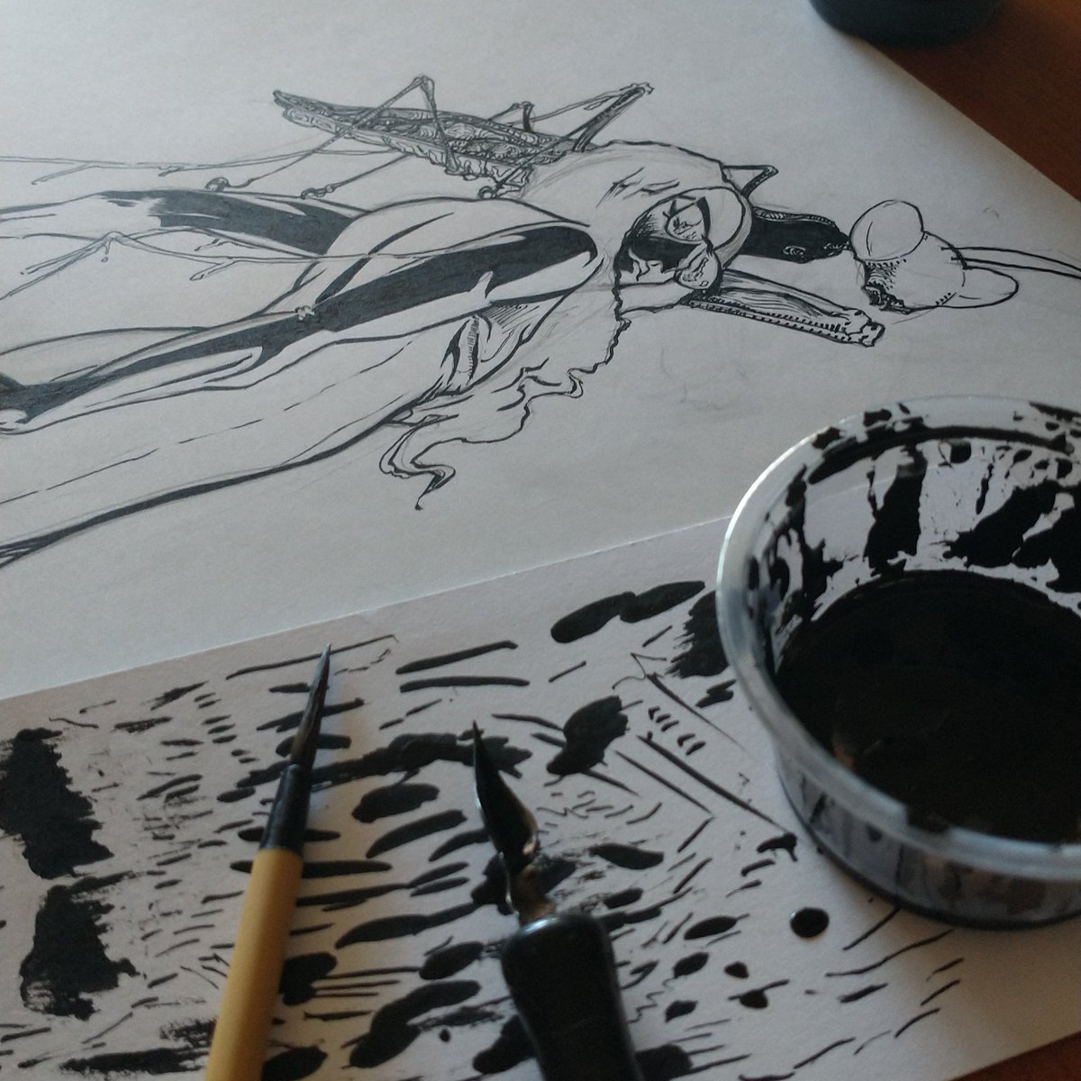 multipryor's tweet photo. The Praying Mantis brings good luck 🙏 Happy Inktober! Its my first time🎃excited #inktober2021 #inktober #inktober2021day1 #mantis #inkart #drawing #nonbinary #quill #brush https://t.co/JUp4dSK9B9