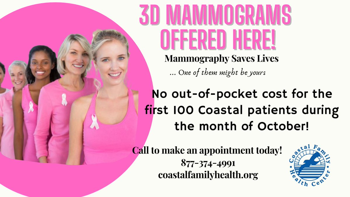 Coastal Family Health Center reminds all women to get their yearly check-ups. We are here for all of your breast health needs. 877-374-4991. #breastcancerawareness #fightlikeagirl #GetYourCheckUp