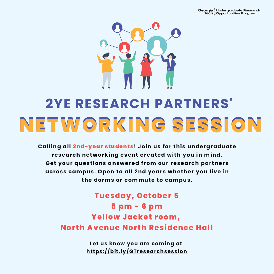 GaTechCAE's tweet photo. Join us on Tues., Oct. 5 at 5pm for a campus research partners’ networking session. Discuss how to get involved in various research opportunities! Open to all 2nd years students.

Sign up at https://t.co/SzMMHGsHyr 

#research #networkingsession #yellowjacket #secondyearsuccess https://t.co/NYXOLDpsqa