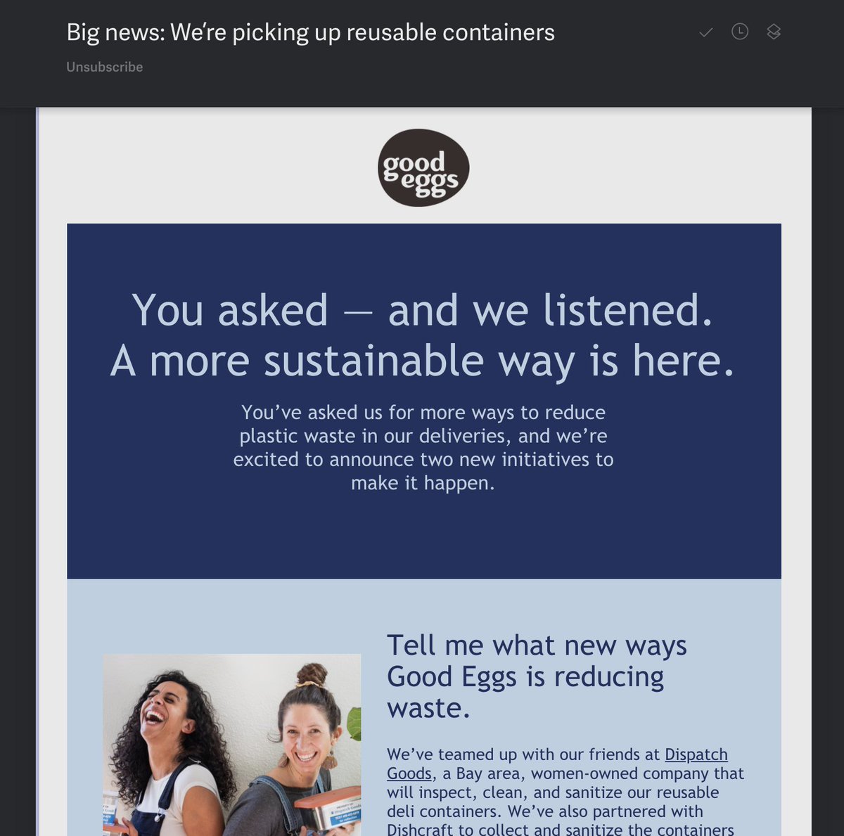 katelin_cruse's tweet image. Look at this beautiful, sustainable mashup in my inbox! @DispatchGoods + @GoodEggs = massive reduction in waste. This is just the beginning for the Dispatch Goods. Y'all are going to be everywhere soon enough! 

Congratulations to both teams, my belly, and our Earth! 🌎✨