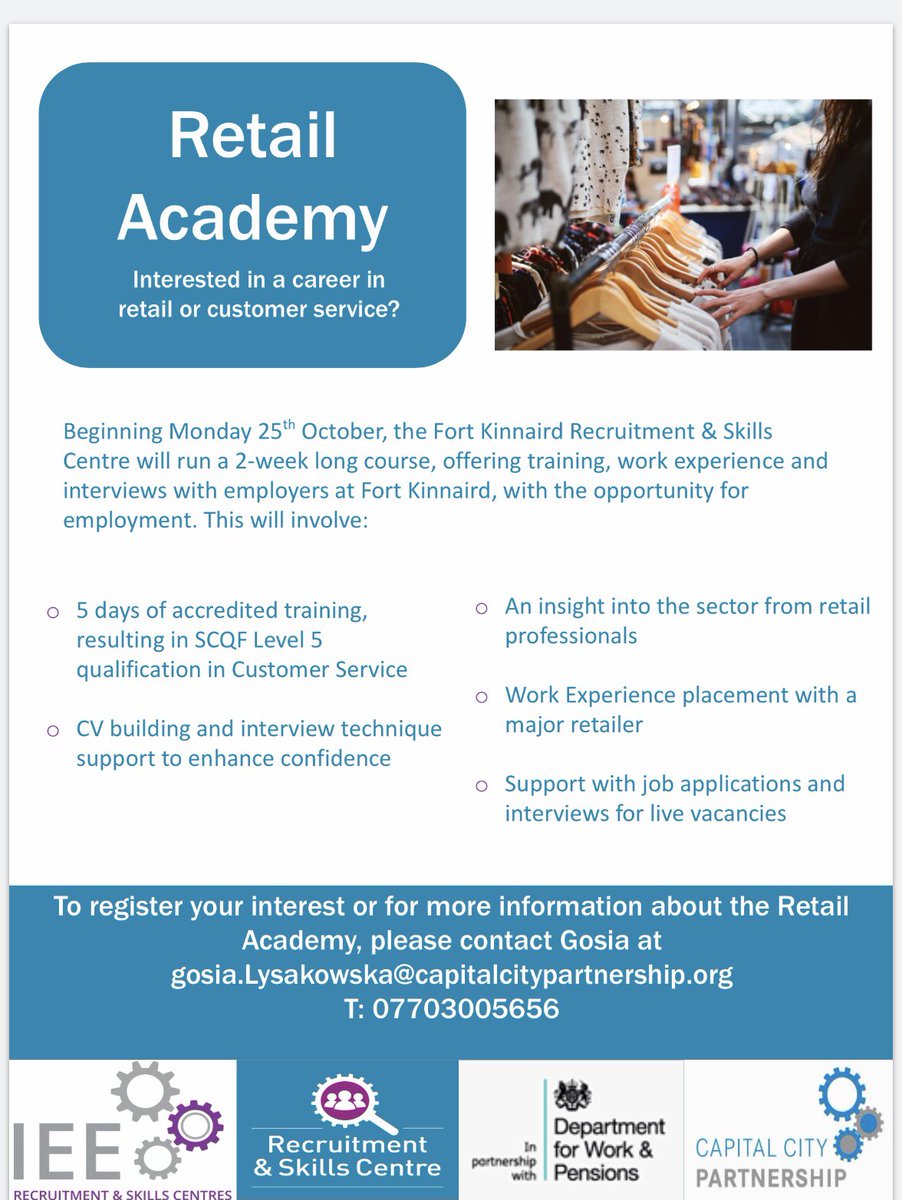 Gosia_CCP's tweet photo. Do you want to see  your clients move to fair work? They have a drive but are lacking in skills? Our next Retail Academy is the answer! Attendees will gain: CS qual., practical skills during placement and guaranteed interview with recruiting employer from Fort Kinnaird. https://t.co/LgoUipEwNA