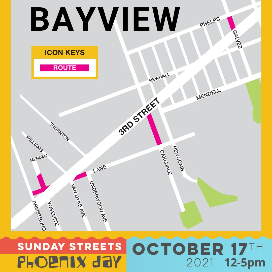 🔔  #PhoenixDay DESTINATION ALERT: BAYVIEW! Eat tasty BBQ, play in the family fun zone, &amp; be entertained by a Jazz Fest 🎶

🔗  sundaystreetssf.com/phoenixday
🗓  Oct. 17
🕒  12-5pm
📍 Sam Jordan’s Way, Oakdale St @ 3rd, Lane St btw Underwood &amp; Van Dyke Ave, &amp; Yosemite St @ Lane &amp; 3rd