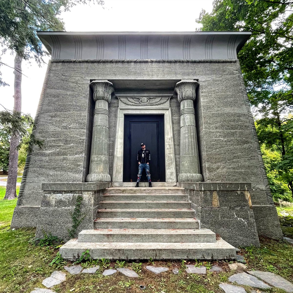 In front of the “Sphinx Tomb” on Dartmouth college campus. A mysterious initiation chamber of a secret society. No one knows what goes on inside. But it’s definitely for weird and powerful elite rich kids to make them even more elite and powerful. #ivyleague #occultism