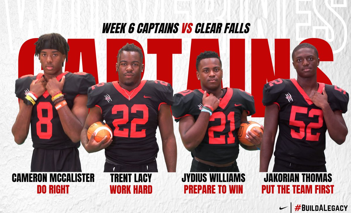 CBWolverineFB's tweet photo. Wolverine Varsity Captains for tonight’s game vs Clear Falls are:
Do Right: @Cam_McCalister9
Work Hard: @TJlacyy
Prepare To Win: @jydius
Put The Team First: @JakorianT
#Respect2our #Earn1t #BuildALegacy https://t.co/80ZYZ1T4dJ