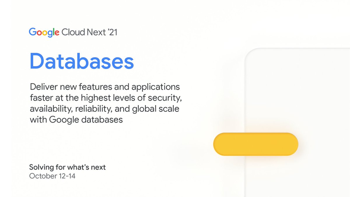 googlecloud's tweet image. Join us at #GoogleCloudNext and hear “What’s New and What’s Next with Google Cloud Databases” for #CloudSQL, #CloudBigtable, #CloudSpanner from @andigutmans and database customer @Equifax. Register now → goo.gle/next-register-…