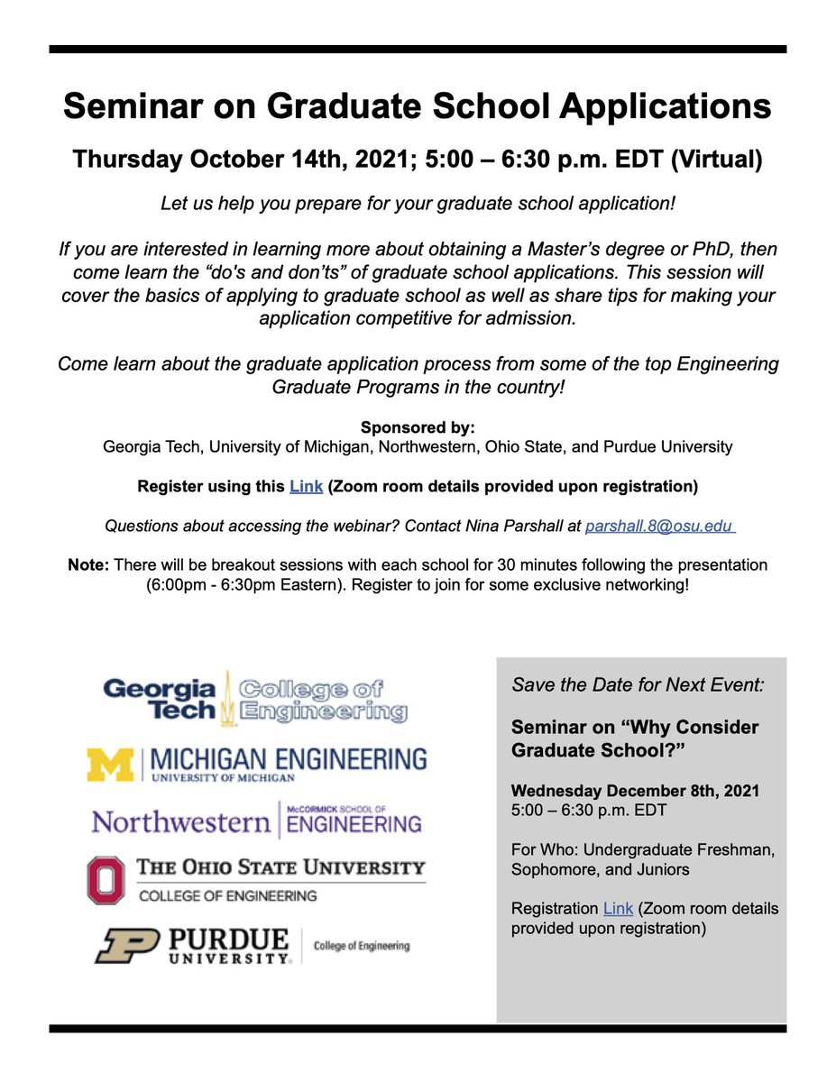 Interested in #GradSchool? Join us on October 14th to learn the “do's and don’ts” of applying for graduate school and how to make your application competitive for admission. Register at: tinyurl.com/dkc63tvn

<a href="/youinthelab/">Undergrad In The Lab</a> @blkinengineering <a href="/cientificolatin/">Cientifico Latino, Inc.</a> @scientistfemale