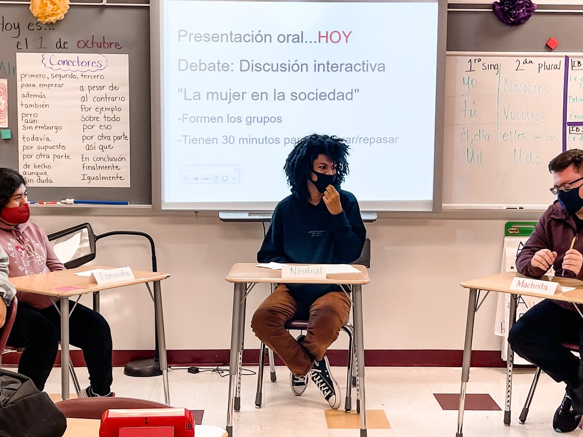 srastafford's tweet photo. IB Spanish 5 working on their interactive communication skills! A fun debate on #feminismo and #machismo to discuss women in society.
#ur_lions #URHS #ib #socialorganization https://t.co/S6mxyAbq8B