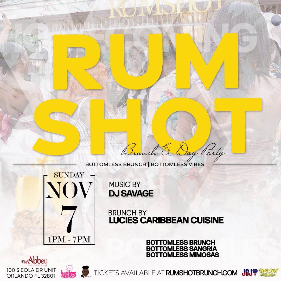 1bean_'s tweet photo. SUNDAY, NOVEMBER 7th

RUM SHOT ORLANDO 🥃🔫

Bottomless Brunch 🧇 
Bottomless Mimosas/Sangrias 🥂 🍾 
Bottomless Vibes 💃 🕺🏿 

🚨 EARLY BIRD SALE ENDS TODAY 🚨

Music by:
@Djsavage_305
@booksavage_events

TICKETS AVAILABLE NOW AT https://t.co/vHtMX9HkgY https://t.co/JDViauyMGM