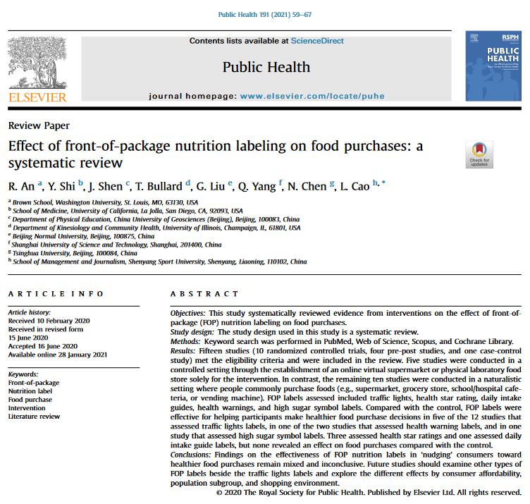 DFC_Program's tweet photo. #FrontofPackage #nutritionlabeling has been widely touted as a way to nudge consumers to make healthier #foodchoices. What effects do these policies have on #foodpurchasing behaviors? Do they make a difference? A systematic review in @R_S_P_H explored: https://t.co/Ax6iz0z4gg https://t.co/xdWQBuGhJ0