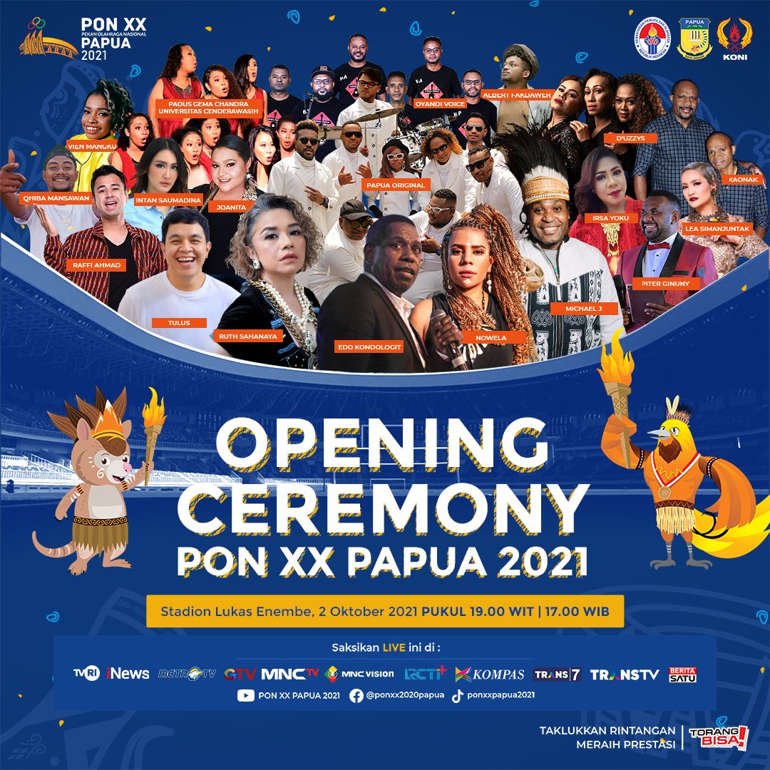 ponxx2020papua's tweet photo. Saksikan Acara Pembukaan Pesta Olahraga Terbesar di Indonesia, PON XX Papua 2021!

Perhelatan Pekan Olahraga Nasional ke-20 berlangsung di Provinsi Papua. Jang lewatkan Opening Ceremony PON XX Papua 2021.

#PONXXPapua2021 #TorangBisa #OpeningCeremonyPON https://t.co/tVL8pQSqkT