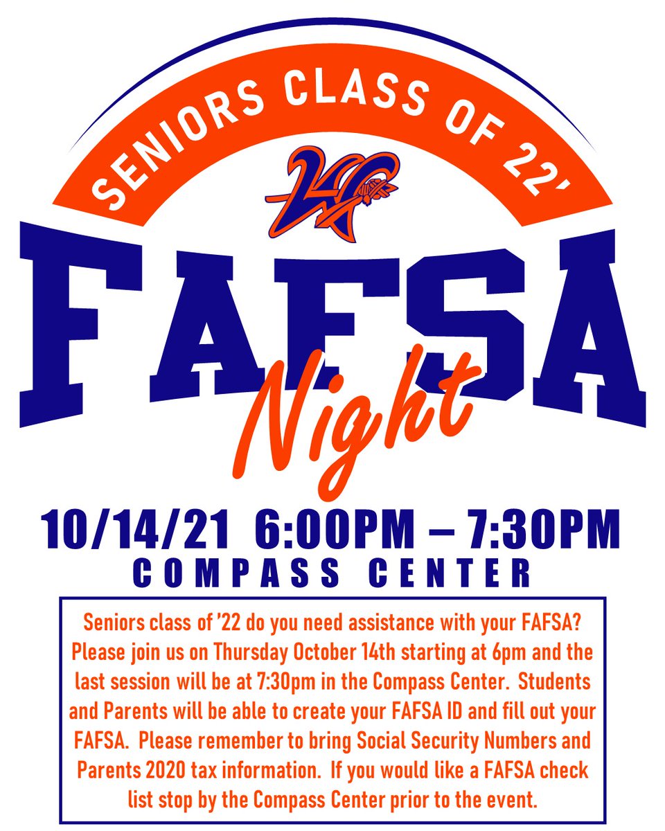 tearemupww62's tweet image. 𝗙𝗔𝗙𝗦𝗔 𝗡𝗶𝗴𝗵𝘁 10/14/21

Seniors class of ’22 do you need assistance with your FAFSA?  Please join us on Thursday October 14th starting at 6pm and the last session will be at 7:30pm in the Compass Center.

#WarriorCentered #FAFSANight
