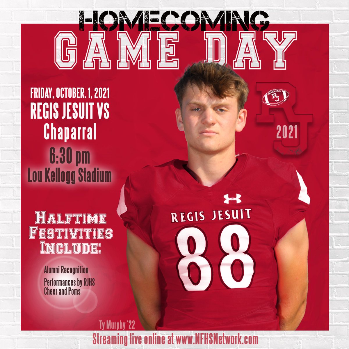 RegisJesuitHS's tweet photo. Kickoff for the Homecoming game is at 6:30 pm. It’s time to #RowdyUp and #RootfortheRaiders against the Chaparral Wolverines! We can’t wait to see all of our current students and #GreatRaiders at the game. #RJHoco #RJLife
Stream the game live: https://t.co/at4Q7krB5M https://t.co/E2kiYcA31T