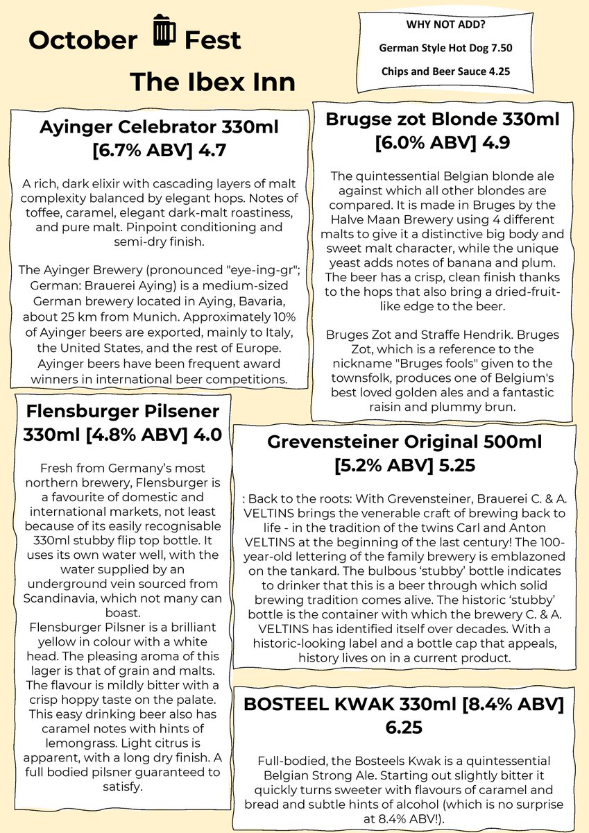 🍻 OCTOBER MEANS BEER 🍺 we are celebrating througout October by bringing you the finest German and Belguim beers around.

 **Pint of Ale &amp; a Bratwurst Hotdog £10.00 **

Fancy a snack? We have Chips with Homemade Beer Sauce 💥