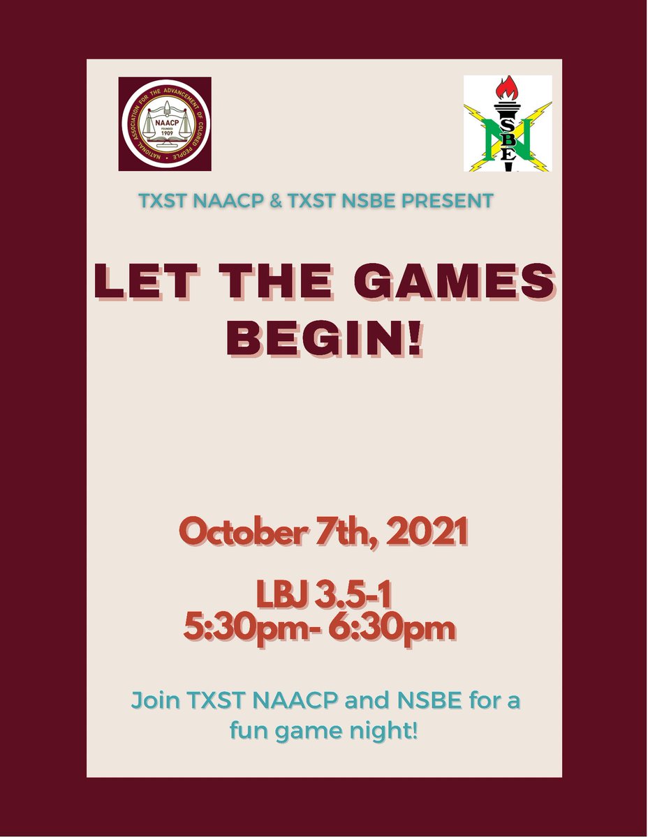 TxStateNAACP's tweet photo. Hey freedom fighters! ✊🏾 

 Join us this Thursday October 7th in LBJ 3.5-1 for an incredibly fun game night with @NSBETxSt 
We can’t wait to relax, discuss, and get to know yall! https://t.co/buPiVyczba